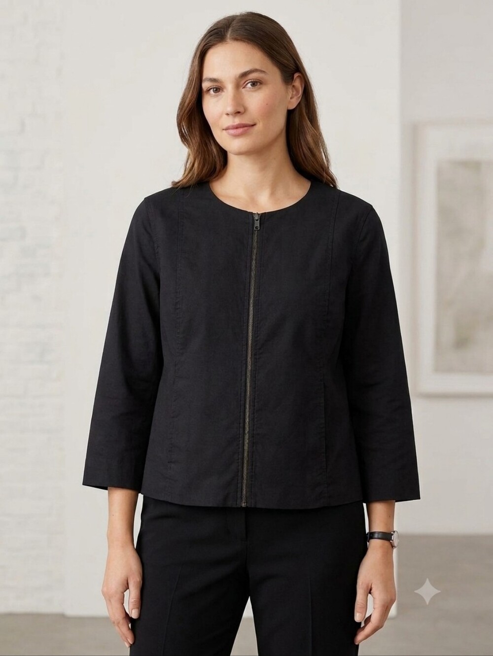 Eileen Fisher Black Zip-Front Jacket 3/4 Sleeve Size M Ramie Silk